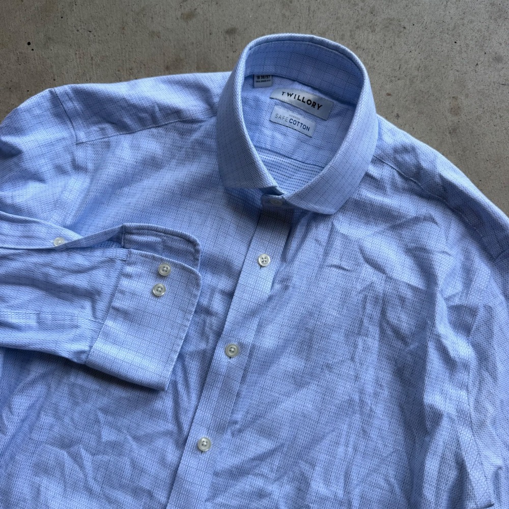 Twillory Dress Shirt Mens 16 36/37 Blue Non-Iron Tailored Fit Cotton Stretch